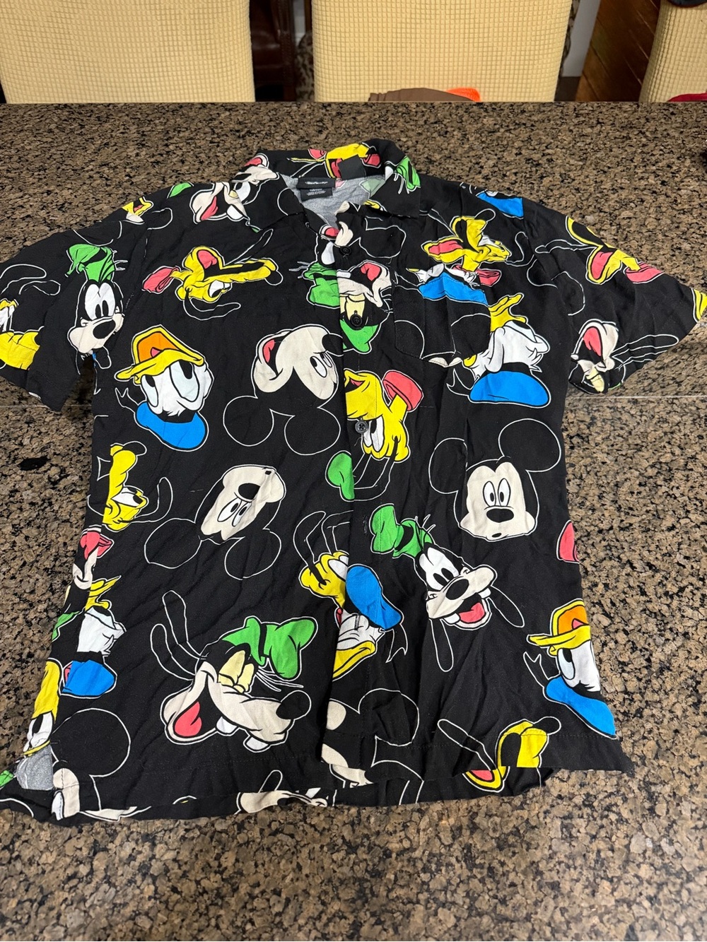 Disney Black Short-Sleeve Button-Down Shirt with Colorful Character Faces